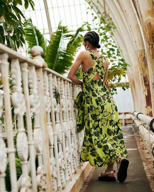 Oliver Bonas Green Floral Print Strappy Midi Dress
