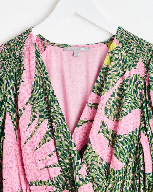 Oliver Bonas Green Palm Print Shirred Mini Dress