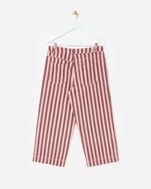 Oliver Bonas Blue & Brown Striped Scalloped Pocket Cropped Wide Leg Jeans, Size 18