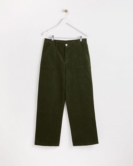 Oliver Bonas Multicolor Olive Green Wide Leg Scalloped Pocket Corduroy Trousers, Size 6