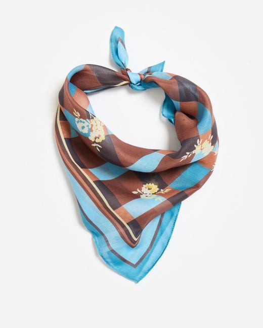 Oliver Bonas White & Brown Floral Checked Square Scarf