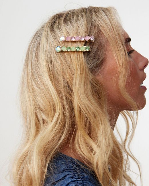 Oliver Bonas Brown Isla Pink & Green Stone Hair Clips Set Of Two