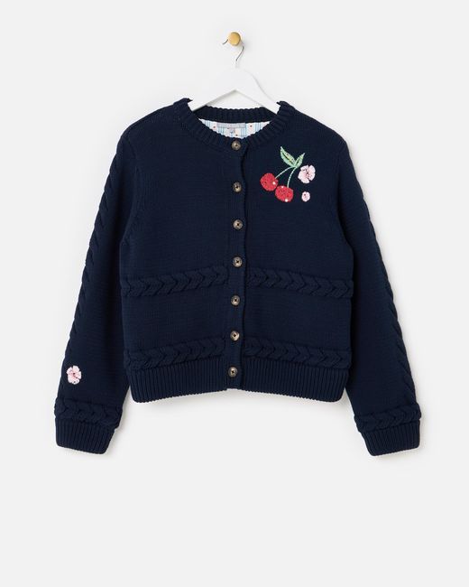 Oliver Bonas Blue Cherry Embroidered Lined Knitted Jacket, Size 10