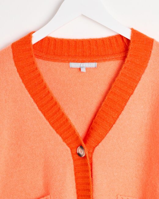 Oliver Bonas Orange Contrast Trim V-neck Knitted Cardigan, Size 18