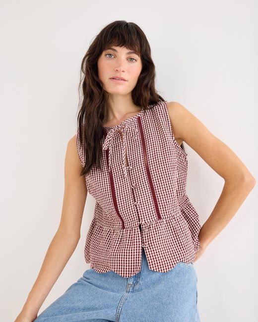 Oliver Bonas Red Burgundy Gingham Sleeveless Cotton Peplum Top, Size 10
