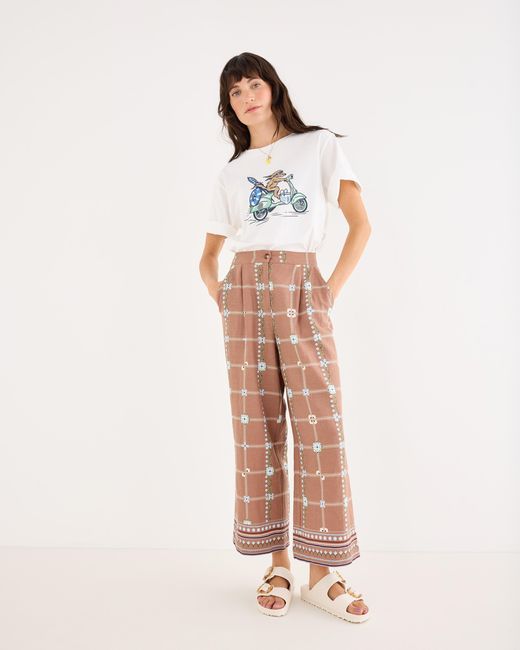 Oliver Bonas Natural Floral Print Cropped Wide Leg Trousers, Size 10