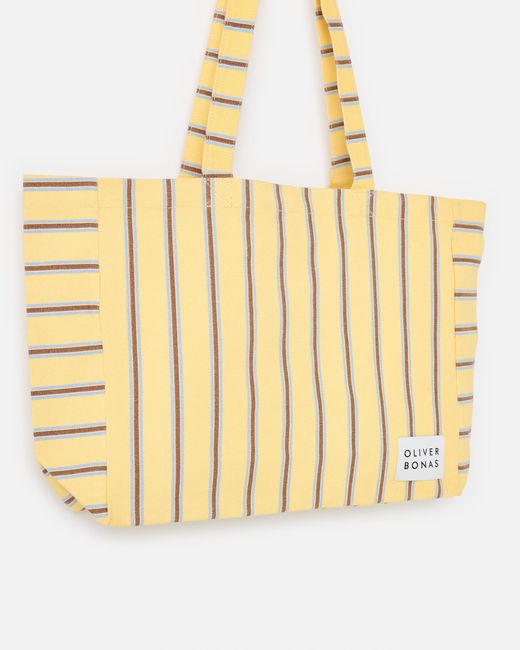 Oliver Bonas Metallic & Blue Striped Logo Fabric Tote Shopper Bag