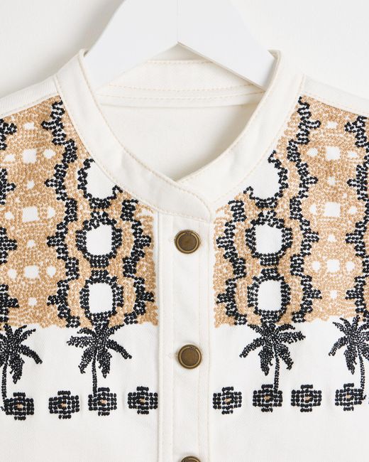 Oliver Bonas Ecru White Embroidered Palm Sleeveless Denim Jacket, Size 18