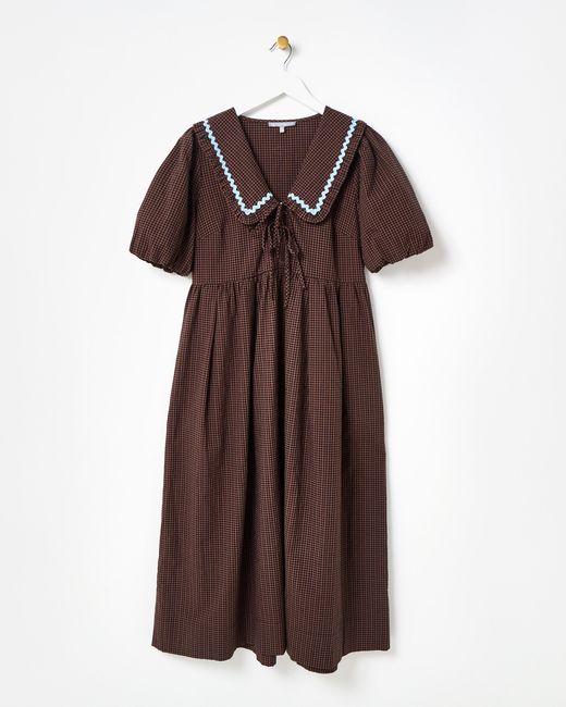 Oliver Bonas Brown Chocolate Gingham Collar Cotton Midi Dress, Size 10