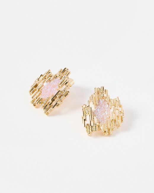 Oliver Bonas White Hale Pink Stone Gold Tone Statement Earrings