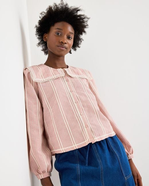 Oliver Bonas Blue Pink & White Gingham Sailor Collar Blouse, Size 14
