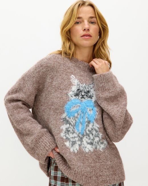 Oliver Bonas Mocha Brown Cuthbert Cat Crew Neck Knitted Jumper, Size 6