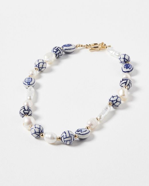 Oliver Bonas Blue Afroditi Ceramic Bead & Freshwater Pearl Beaded Necklace