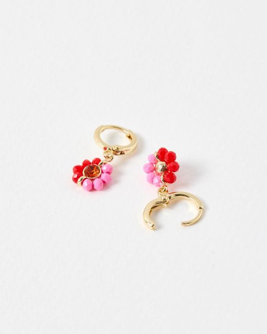 Oliver Bonas White Rosalie Pink Beaded Flower Drop Earrings