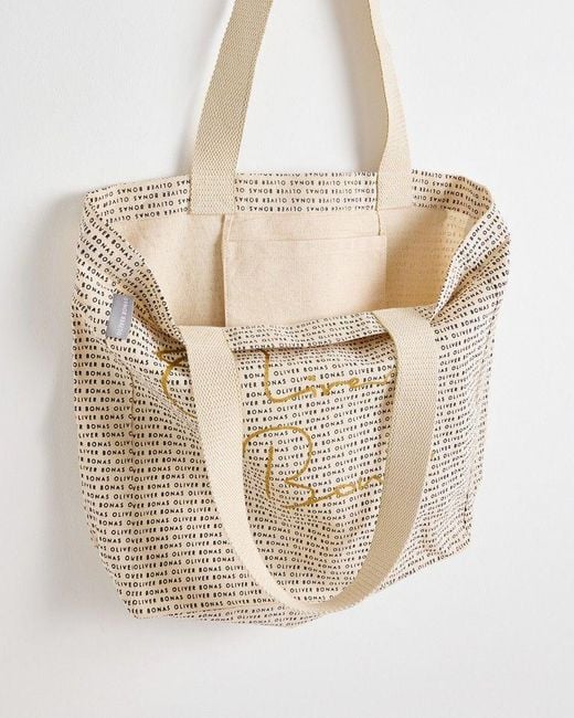 Oliver Bonas Natural Monochrome Logo Fabric Tote Shopper Bag