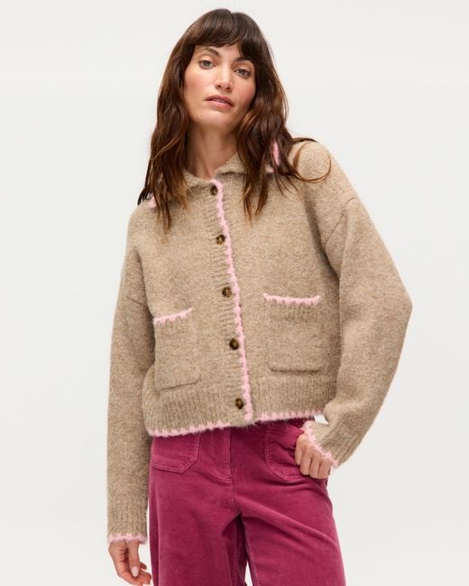 Oliver Bonas Brown & Pink Blanket Stitch Collared Button Up Knitted Cardigan, Size 6