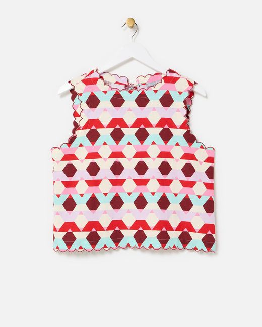 Oliver Bonas Red & Blue Geometric Scalloped Top, Size 14