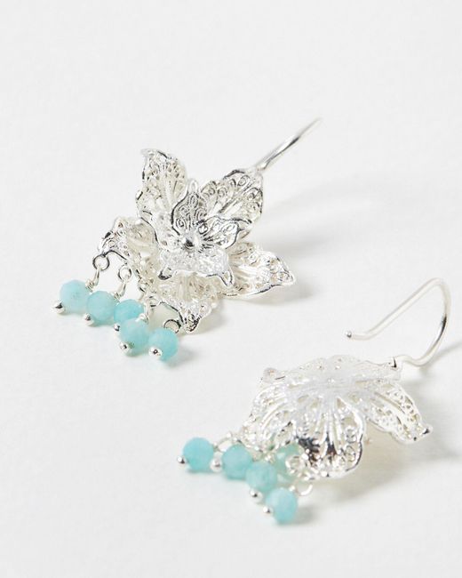 Oliver Bonas White Sarah Filigree Flower & Blue Amazonite Silver Drop Earrings