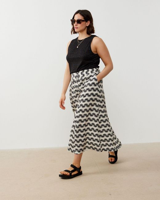 Oliver Bonas Natural Monochrome Sun Print Midi Skirt, Size 6