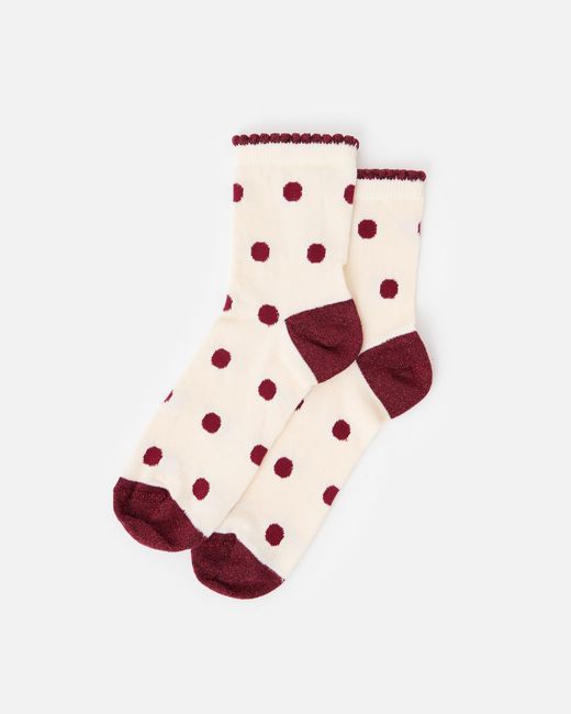 Oliver Bonas White Cream & Burgundy Polka Dot Ankle Socks