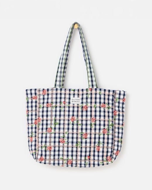Oliver Bonas White Blue Gingham Rose Embroidered Quilted Tote Bag