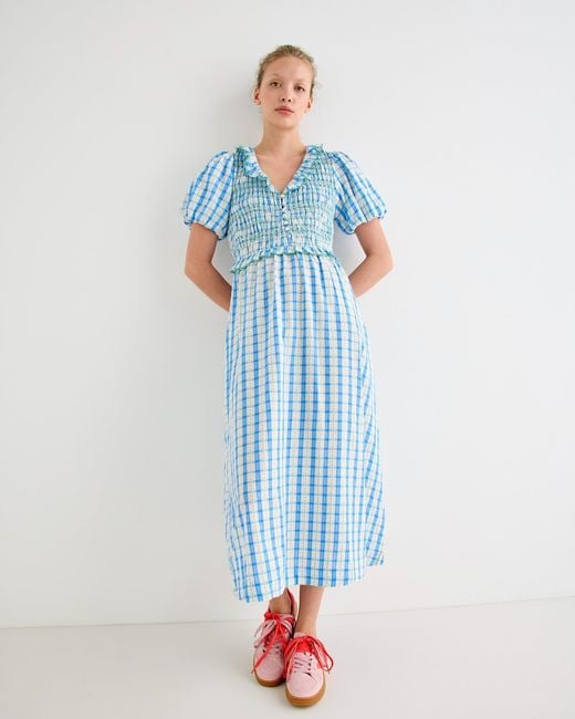 Oliver Bonas Blue & White Checked Shirred Bodice Midi Dress, Size 10