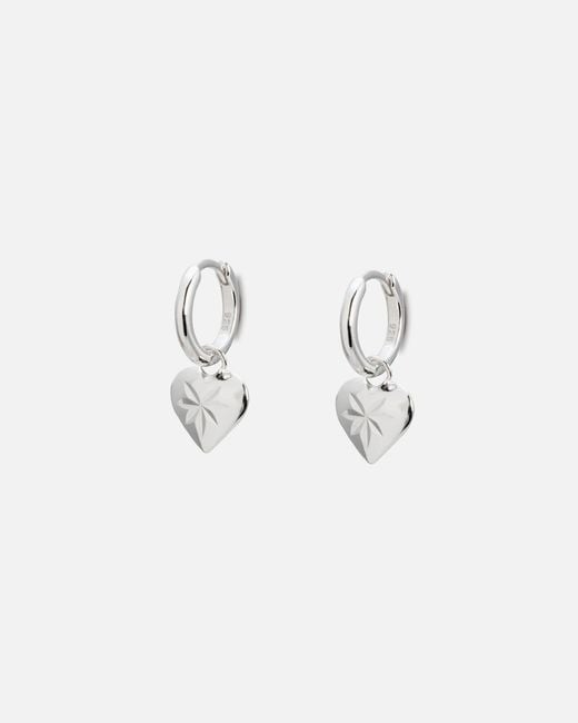 Oliver Bonas White Cora Engraved Heart Charm Hoop Drop Earrings