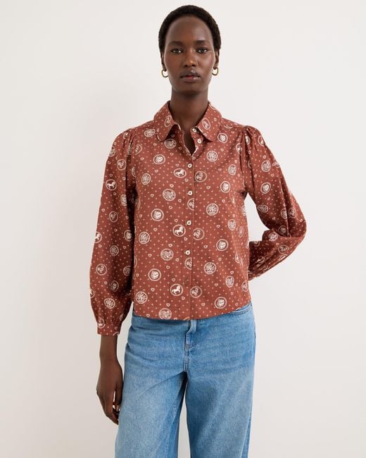 Oliver Bonas Red & White Badge Print Cotton Shirt, Size 10