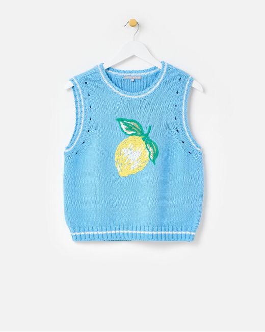 Oliver Bonas Blue Lemon Embroidered Knitted Vest, Size 18