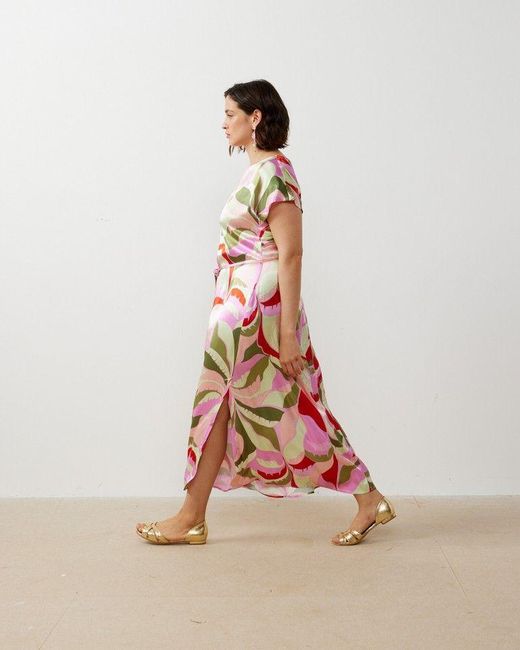 Oliver Bonas Pink Leaf Print Satin Midi Dress