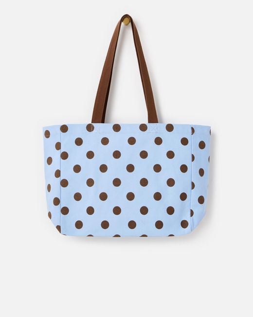 Oliver Bonas Light Blue & Brown Polka Dot Logo Fabric Tote Shopper Bag