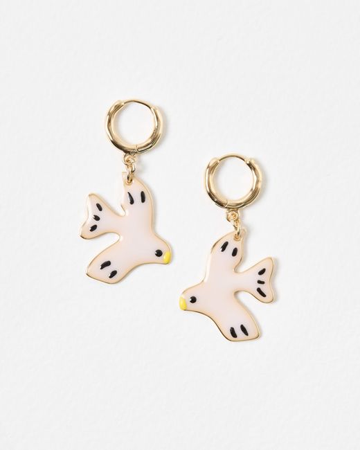 Oliver Bonas Natural Idalie Enamel Bird Charm Huggie Earrings