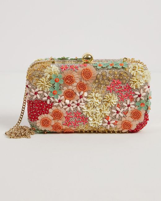 Oliver Bonas Pink Mixed Floral Beaded Rectangular Clutch Bag