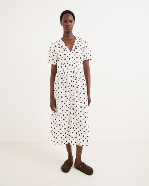 Oliver Bonas White & Brown Polka Dot Scallop Collar Cotton Midi Dress, Size 6