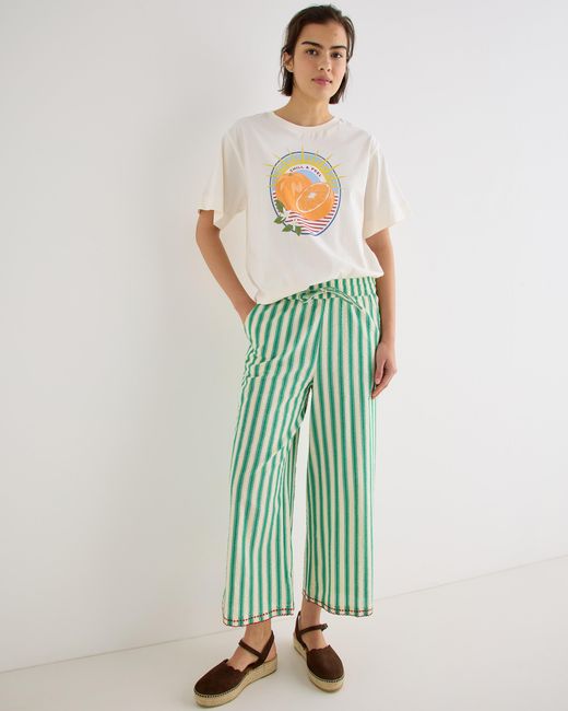Oliver Bonas Green & Cream Striped Embroidered Hem Cotton Cropped Wide Leg Trousers, Size 6