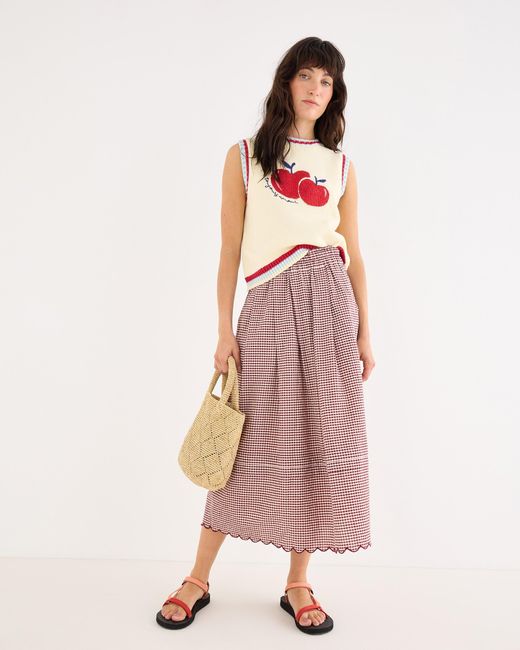 Oliver Bonas Pink Burgundy Gingam Scalloped Hem Midi Skirt, Size 10