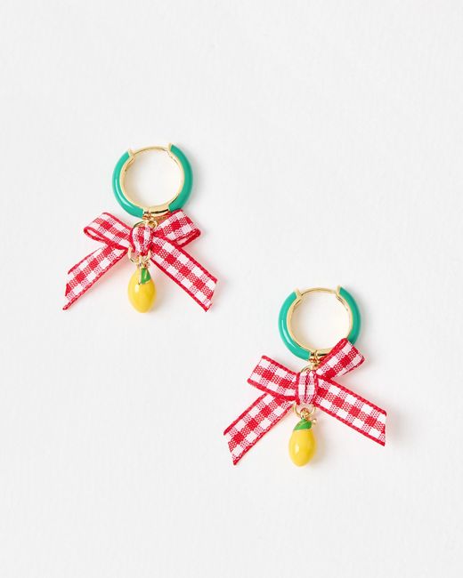 Oliver Bonas Metallic Janna Gingham Bow & Lemon Charm Drop Hoop Earrings