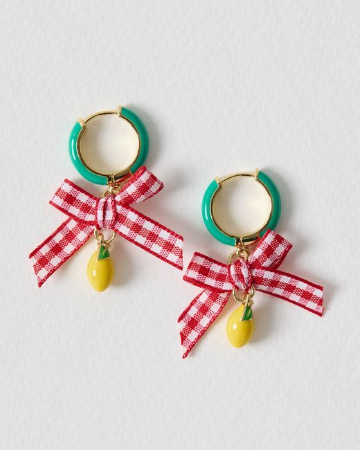 Oliver Bonas Metallic Janna Gingham Bow & Lemon Charm Drop Hoop Earrings