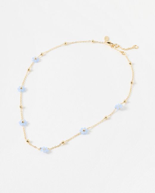 Oliver Bonas White Rosaria Blue Beaded Flower Chain Necklace