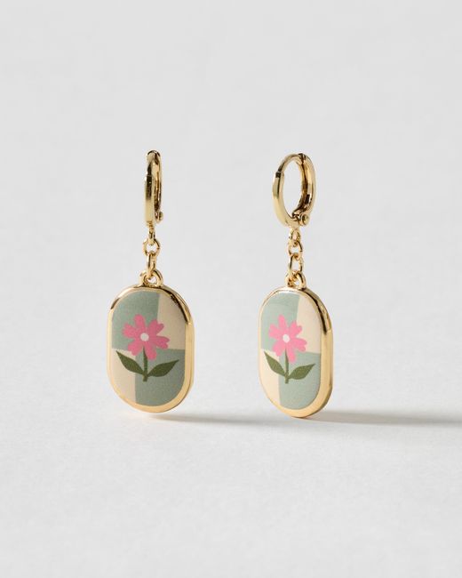 Oliver Bonas White Noelle Flower Oval Charm Huggie Earrings