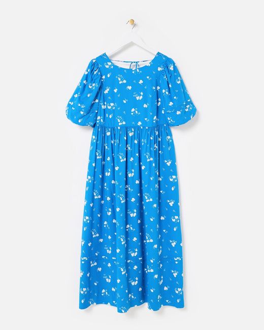 Oliver Bonas Blue & White Floral Puff Sleeve Midi Dress, Size 6