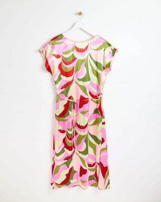 Oliver Bonas Pink Leaf Print Satin Midi Dress