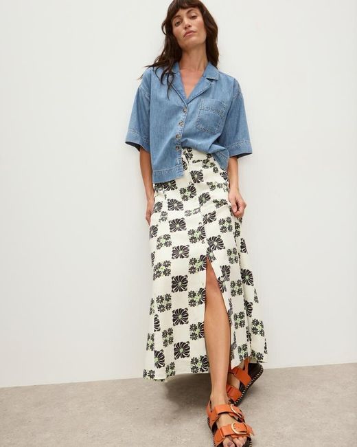 Oliver Bonas Blue Ecru Cream & Black Floral Tile Print Button Through Midi Skirt