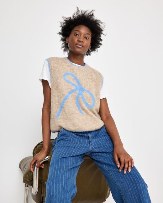 Oliver Bonas Camel Brown & Blue Bow Knitted Tank Top, Size 10