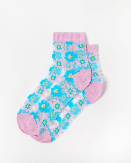 Oliver Bonas Blue & Pink Floral Sheer Ankle Socks