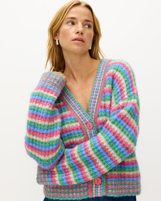 Oliver Bonas Blue Coloured Striped V-neck Fluffy Knitted Cardigan, Size 6