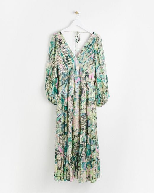 Oliver Bonas Tropical Floral Green Metallic Midi Dress, Size 8