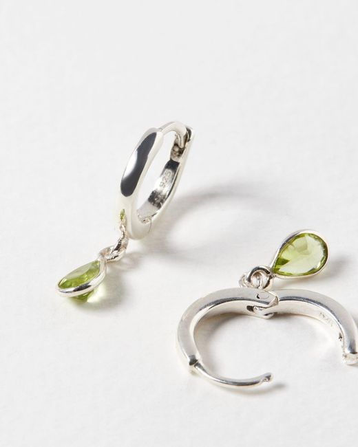 Oliver Bonas White Auden Tiny Teardrop Green Peridot & Silver Huggie Earrings