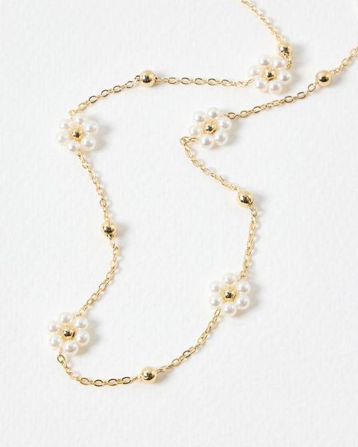 Oliver Bonas Natural Rosaria Faux Pearl Flower Chain Necklace