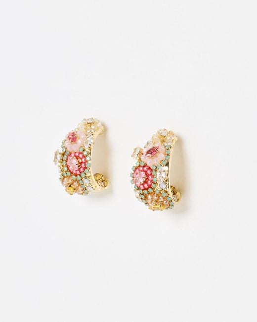 Oliver Bonas White Lydia Pink & Green Beaded Flower Hoop Earrings